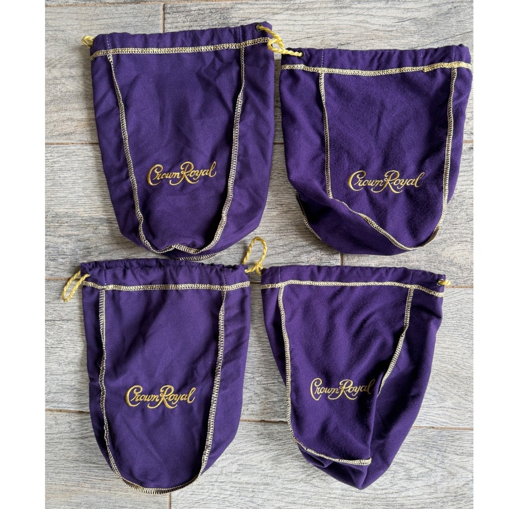 Crown Royal Drawstring Bag Set of 4 Purple Gold Embroidered Pouch Liquor Sack
